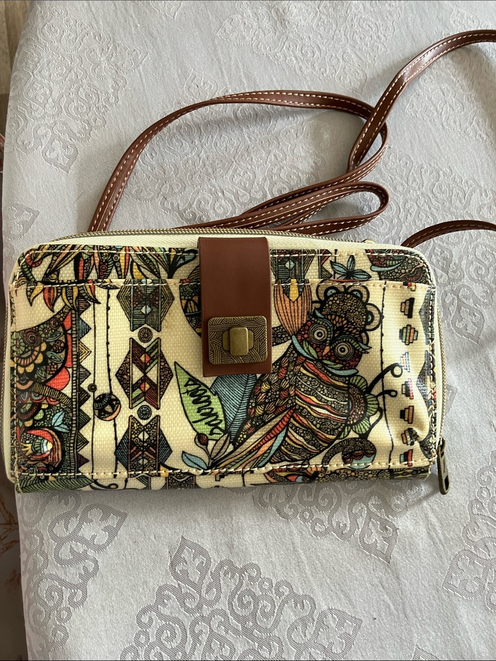 Sakroots Cream Crossbody with Multicolor Owl Print and Brown Trim